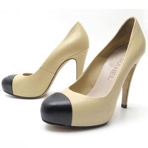 Chanel Two-Tone Leather CC Cap Toe Heels, Size 39.5